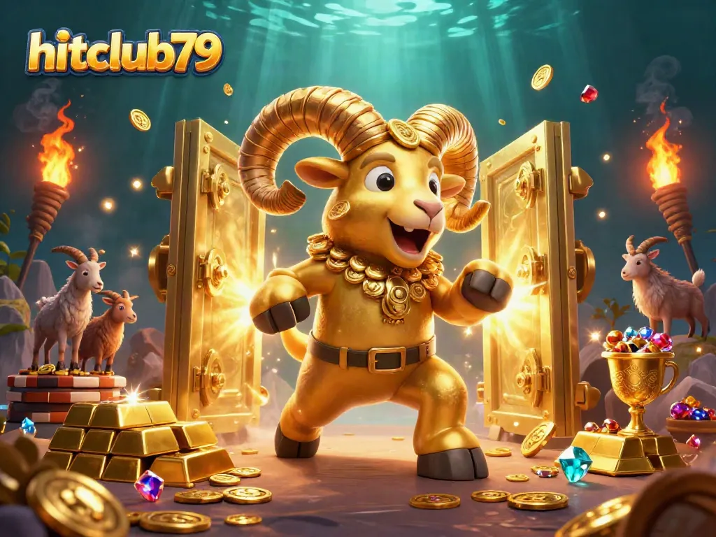 Experience the thrill of hitclub79 as a golden ram charges through treasure amidst a sparkling casino backdrop.