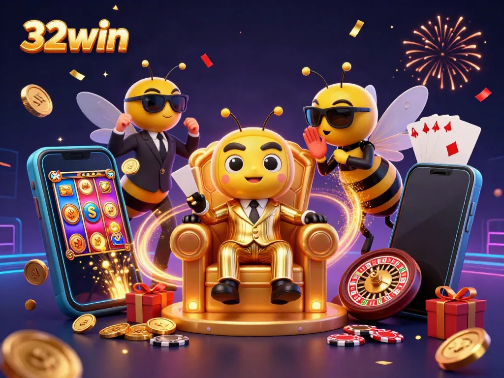 Experience the vibrant world of 32win with the animated bumblebee mob boss and thrilling casino elements.