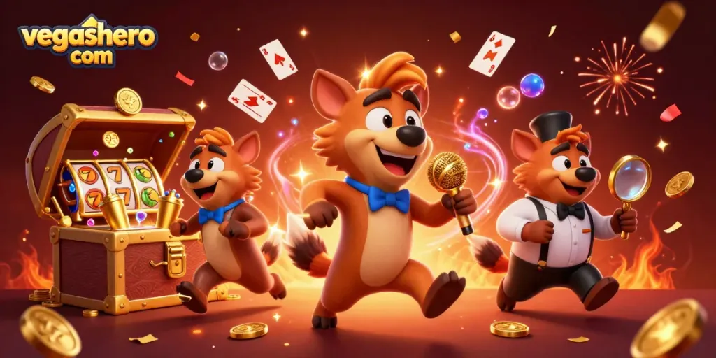 Experience the excitement at vegashero com, a vibrant casino scene featuring playful hyenas and engaging game elements.