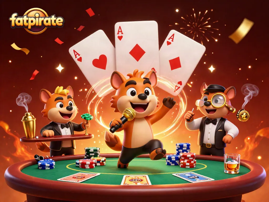 Experience the excitement of fatpirate with a lively casino scene featuring hyena comedians, drinks, and gaming action.