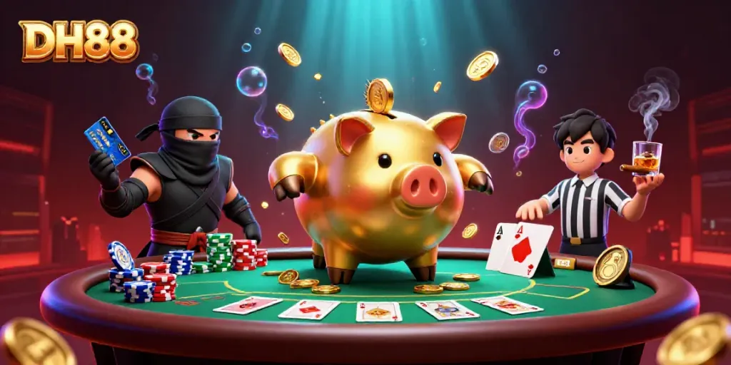 DH88 piggy bank sumo wrestler shakes coins while battling wallet ninja and credit-card samurai.