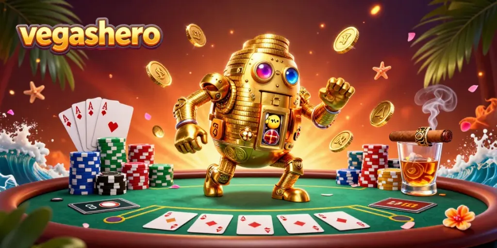 Experience thrilling casino action with vegashero, featuring a golden golem and poker elements.
