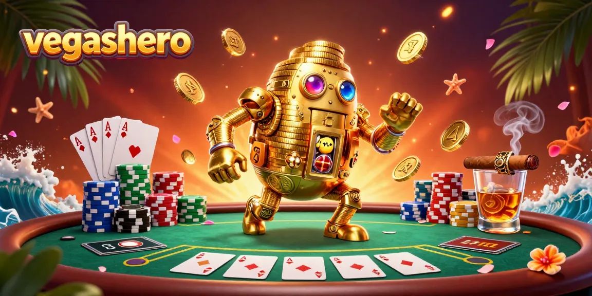 Experience thrilling casino action with vegashero, featuring a golden golem and poker elements.