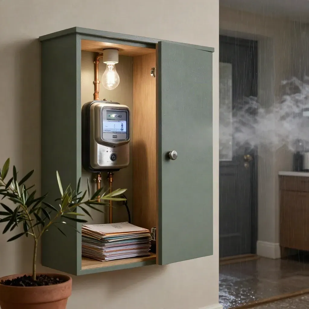 Open meterkast met slimme meter, brieven, cv-leidingen, ledlampen en olijfplant in schemerlicht.