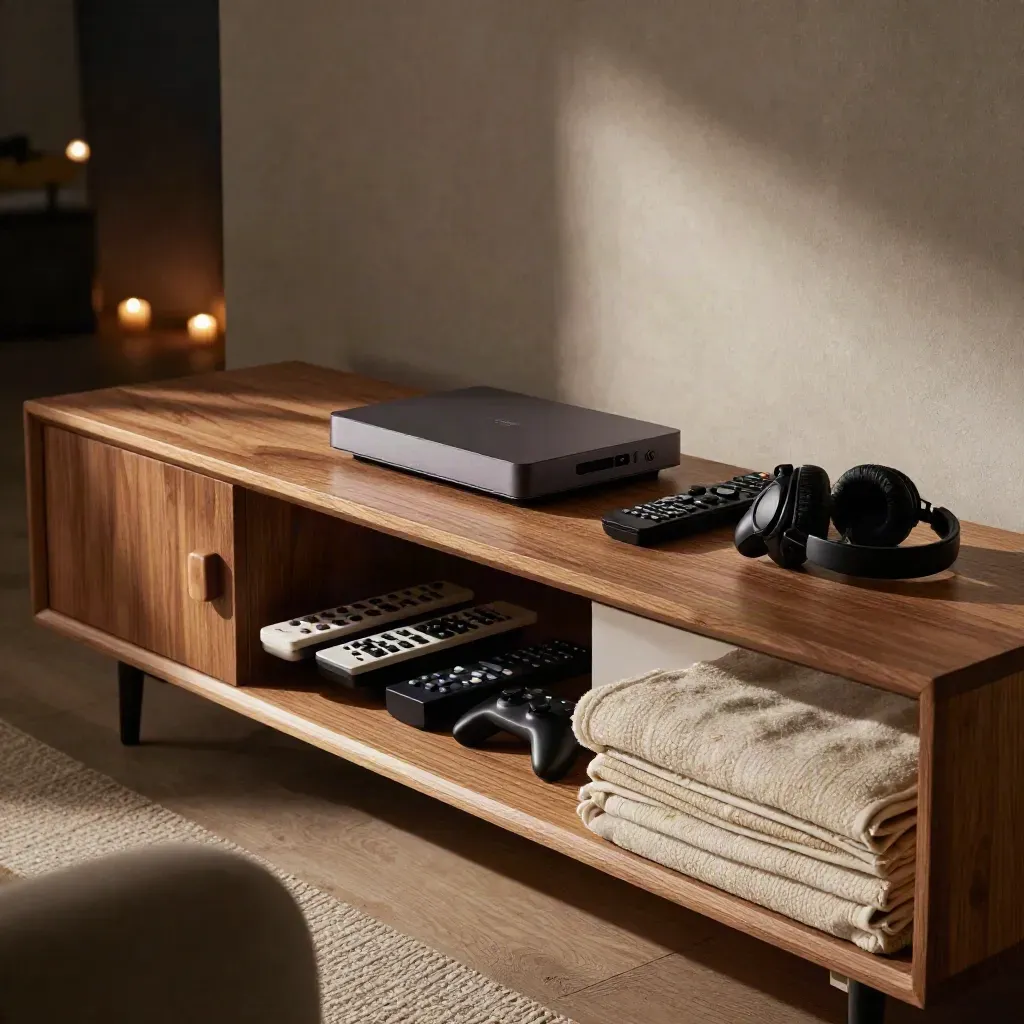 Stille woonkamer met mediameubel, streamingbox, afstandsbedieningen, gamecontroller en opgevouwen plaid.
