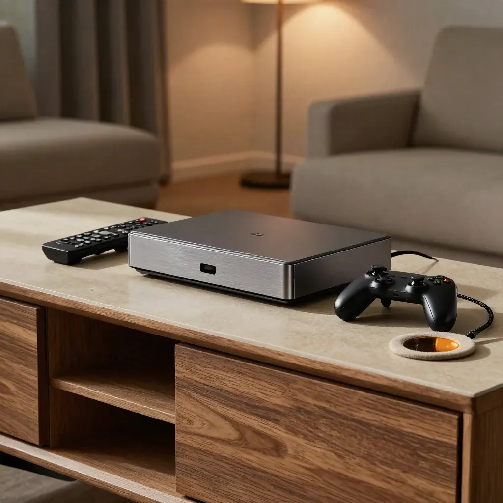 Mediabox, afstandsbedieningen, gamecontroller en kabel op tv-meubel in een rustige woonkamer.
