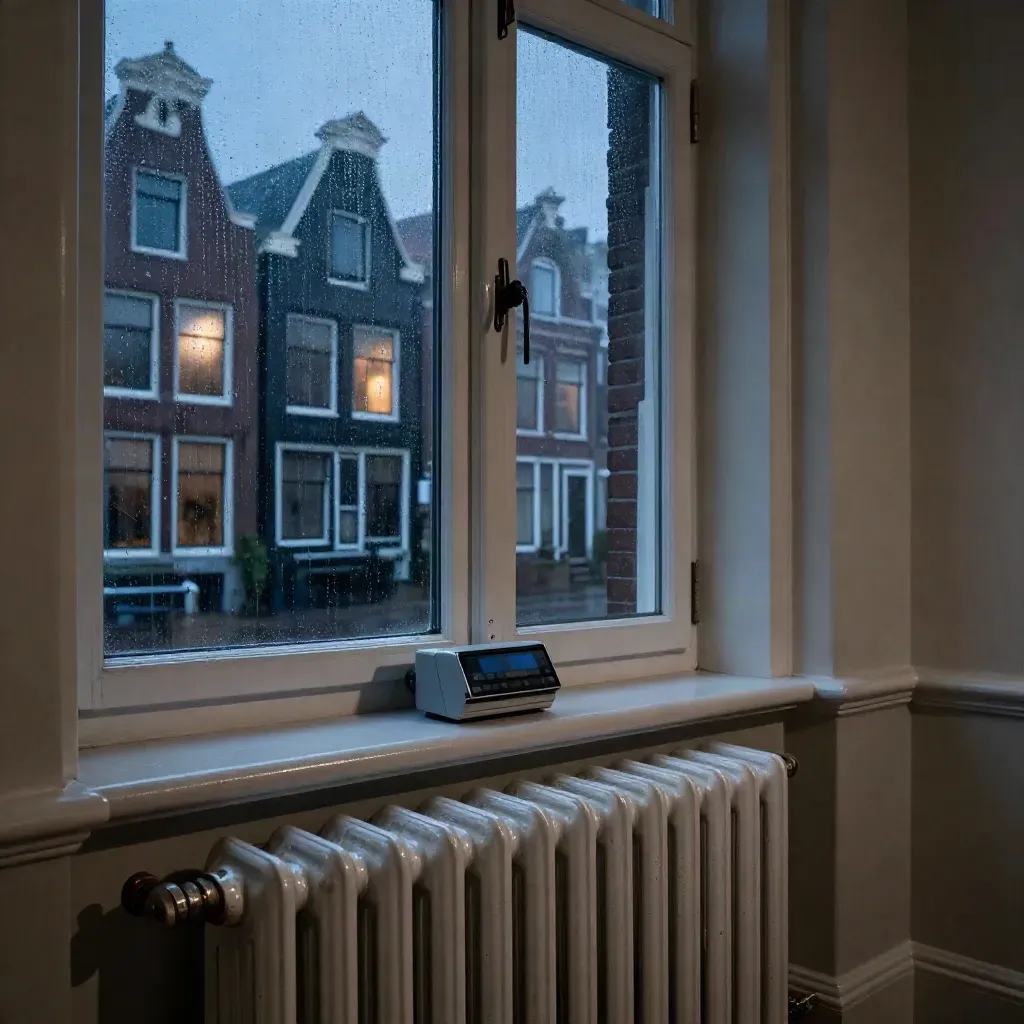 Rotterdamse flat met regen op het raam, smart meter en radiator bij avondlicht.