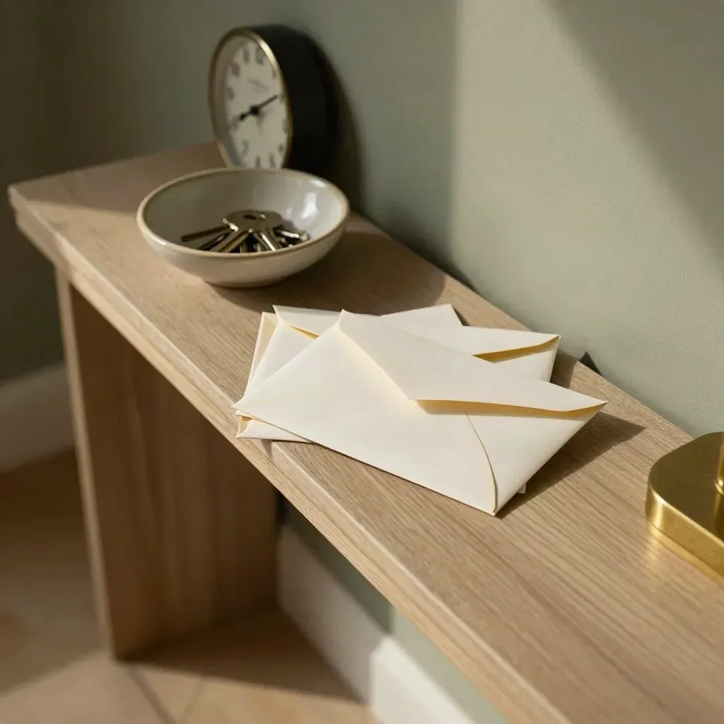 Hallyshelf met verzegelde enveloppen, sleutelkom en wazige klok in warm schaduwlicht.