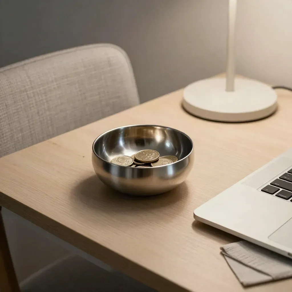 Studentenstudio met gesloten laptop, muntenschaaltje, lamp en tweedehands stoel in avondlicht.