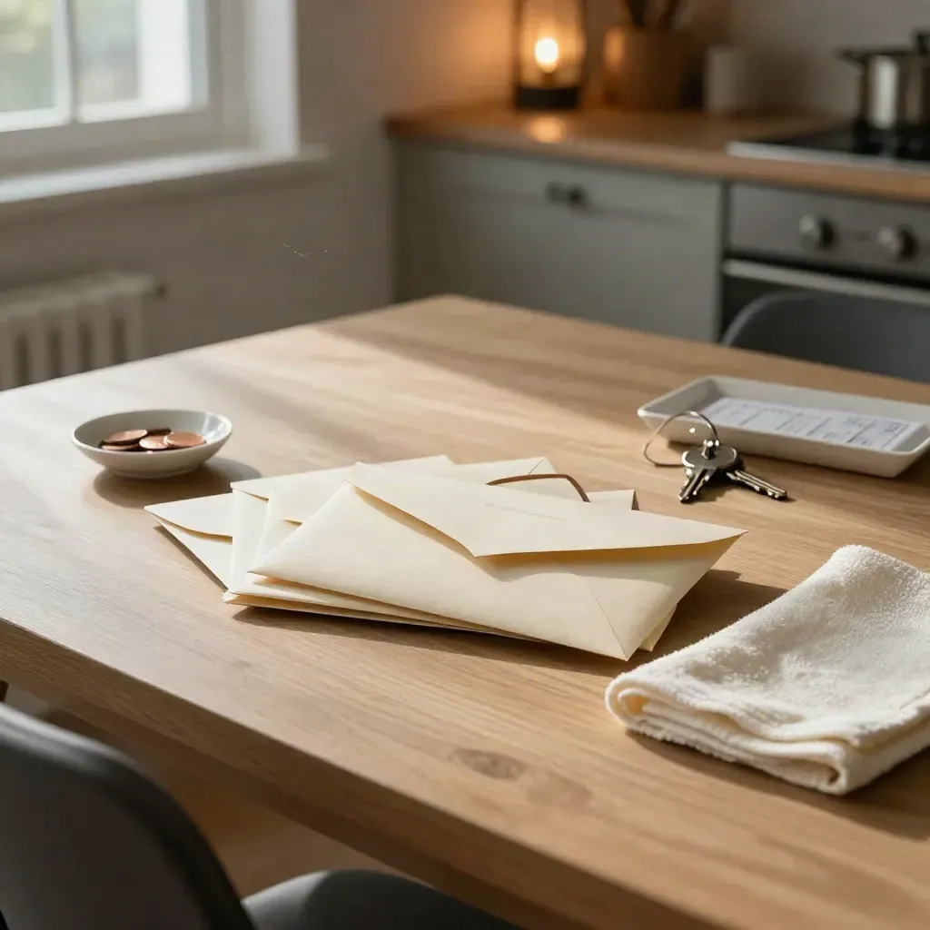 Enveloppen, sleutels en muntbakje op een keukentafel in warm avondlicht.