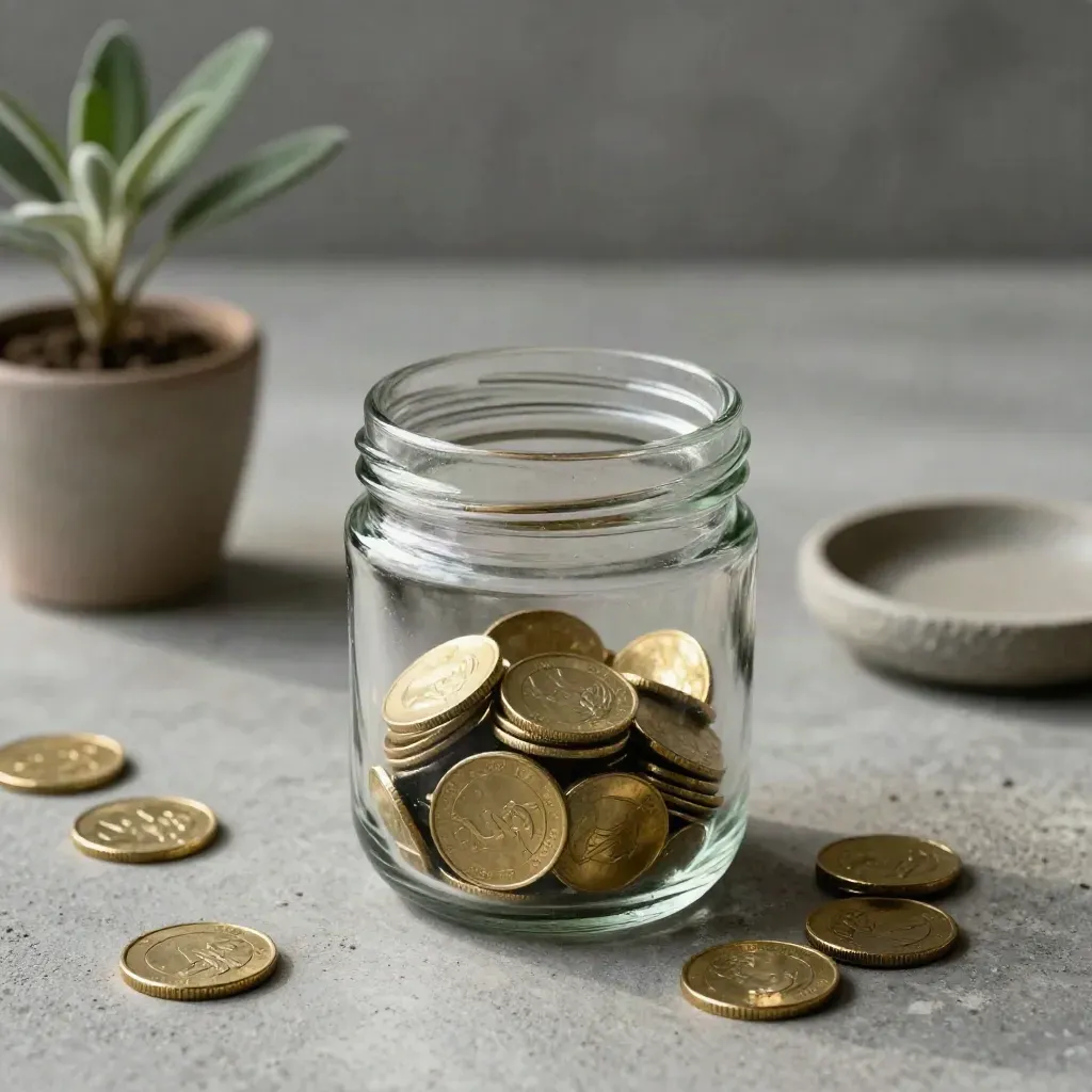 Glazen spaarpot met muntjes, klein plantje en stenen schaaltje op beton