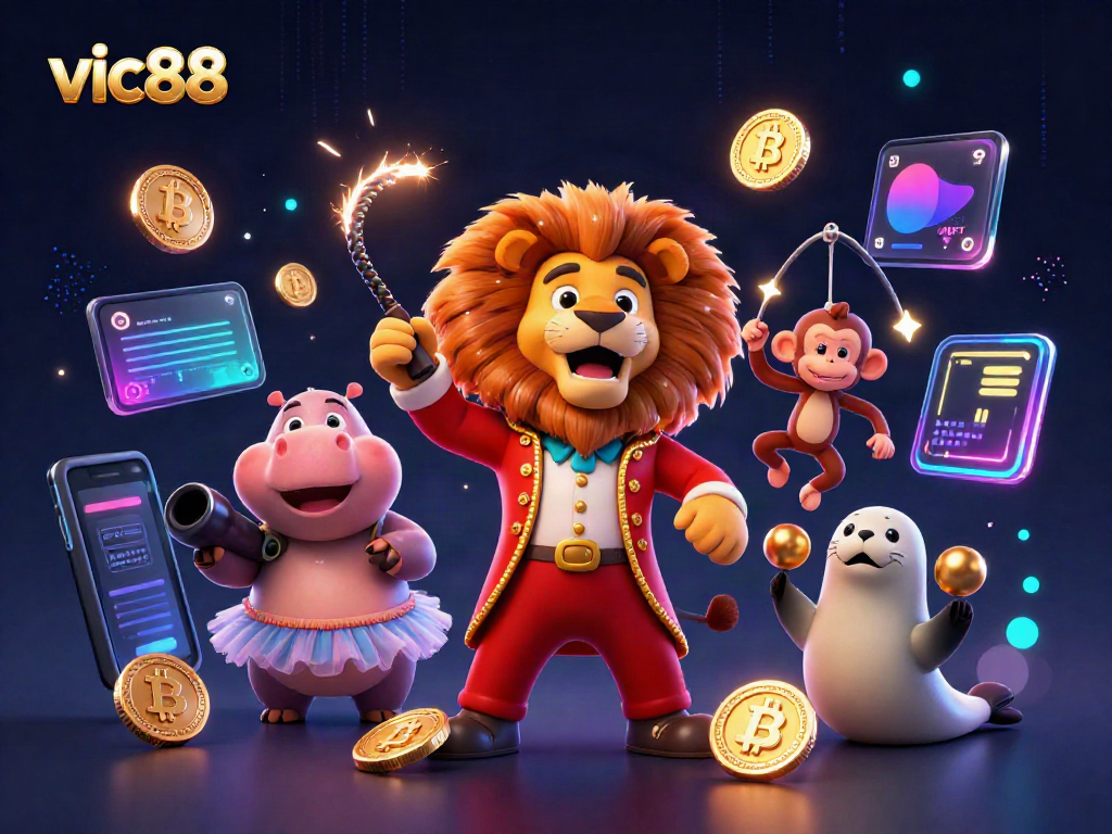 Experience excitement at vic88 with a vibrant 3D circus scene showcasing gaming and crypto elements.