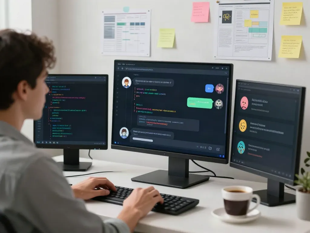 Dynamic interaction with juicy chat ai in a modern tech workspace.
