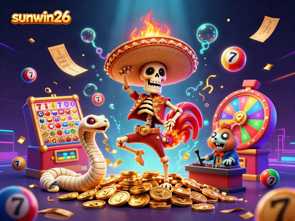 Engage with vibrant gaming excitement featuring sunwin26's animated characters amid dynamic casino elements.